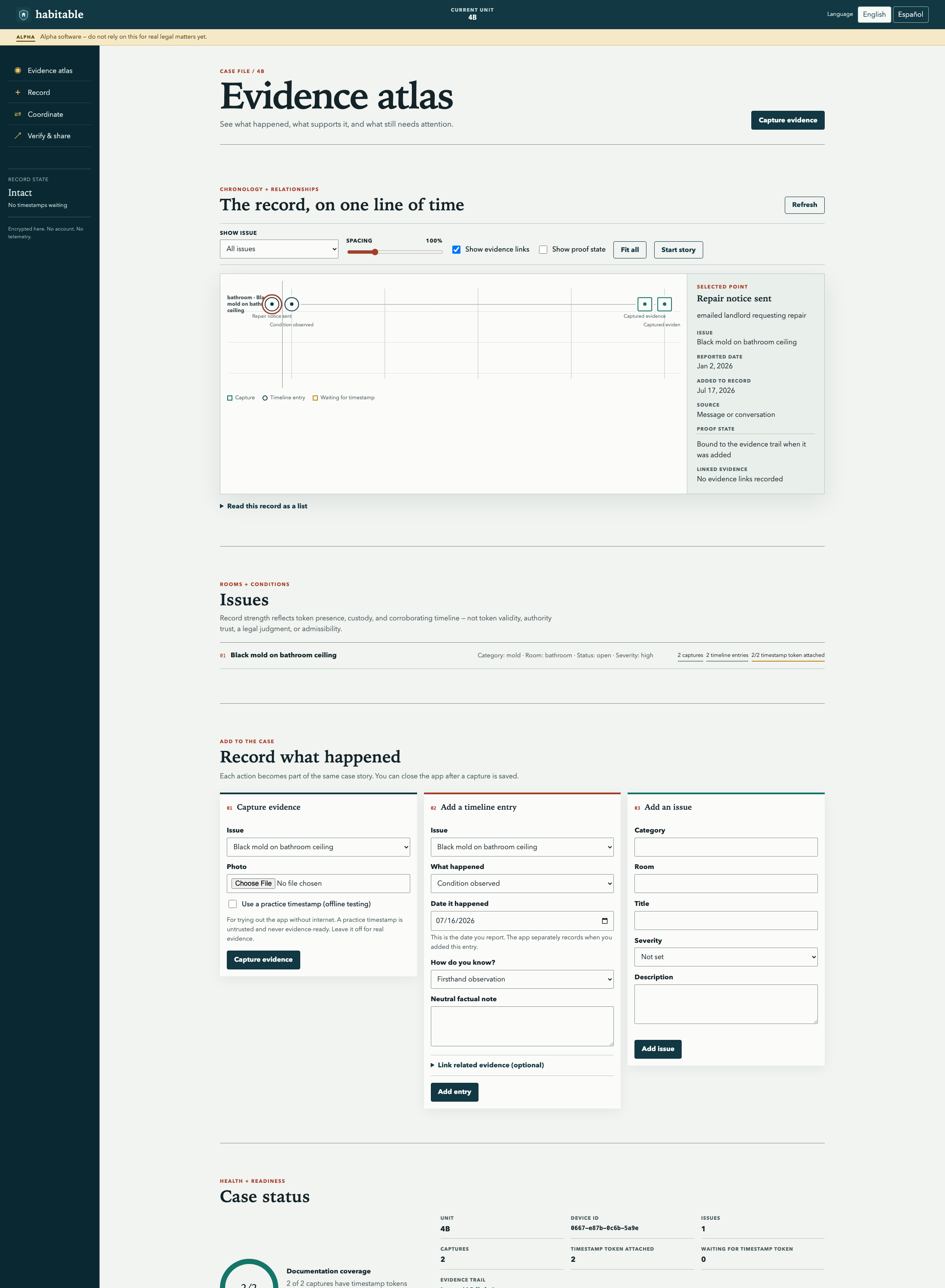 The habitable Evidence Atlas: linked captures and timeline facts for unit 4B,
              above issue, recording, readiness, and export workspaces.