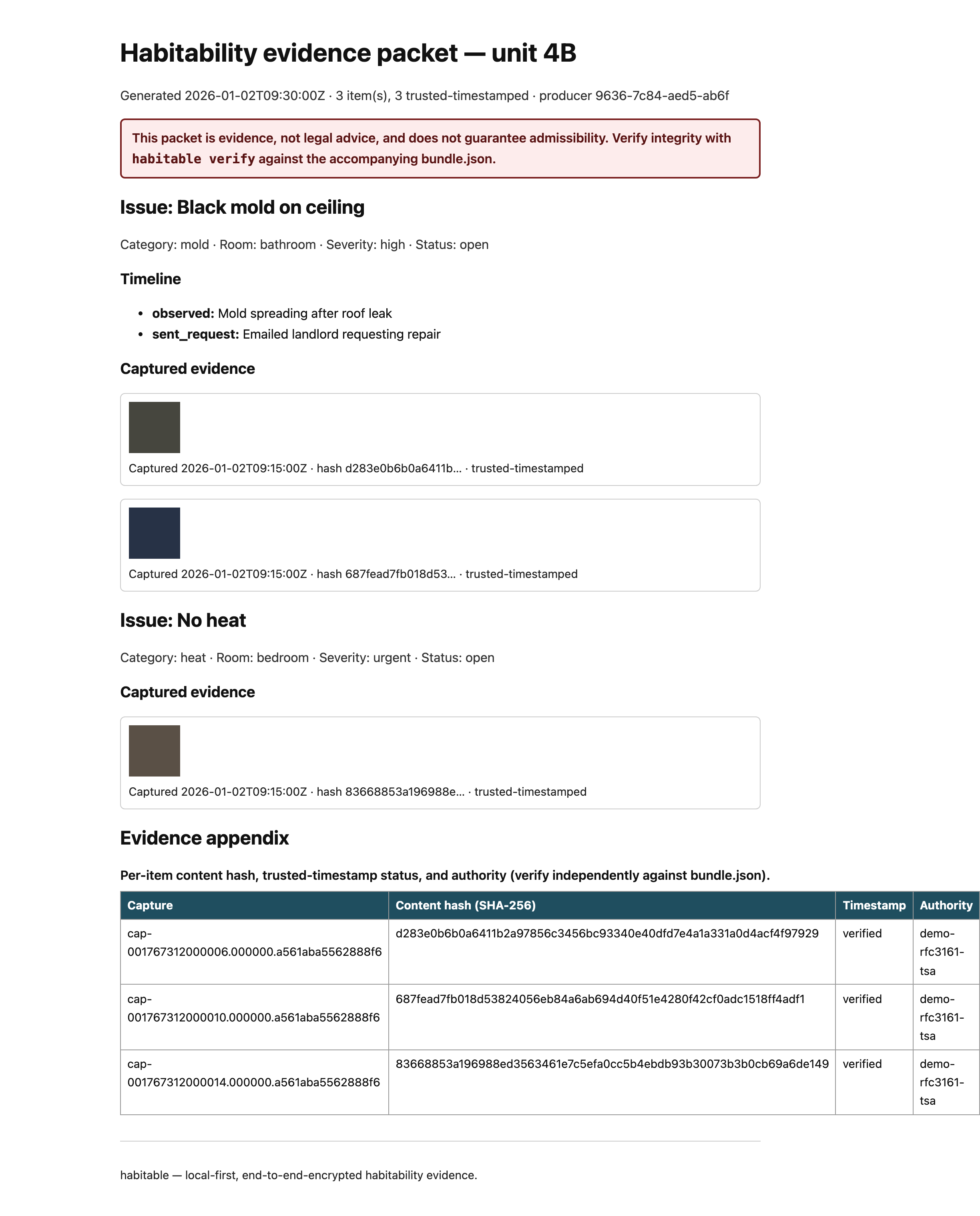 A habitability evidence packet rendered as an accessible web page: title, generated
            date and counts, an issue with its timeline and a captured photo, and an evidence
            appendix table of content hashes and timestamp status.